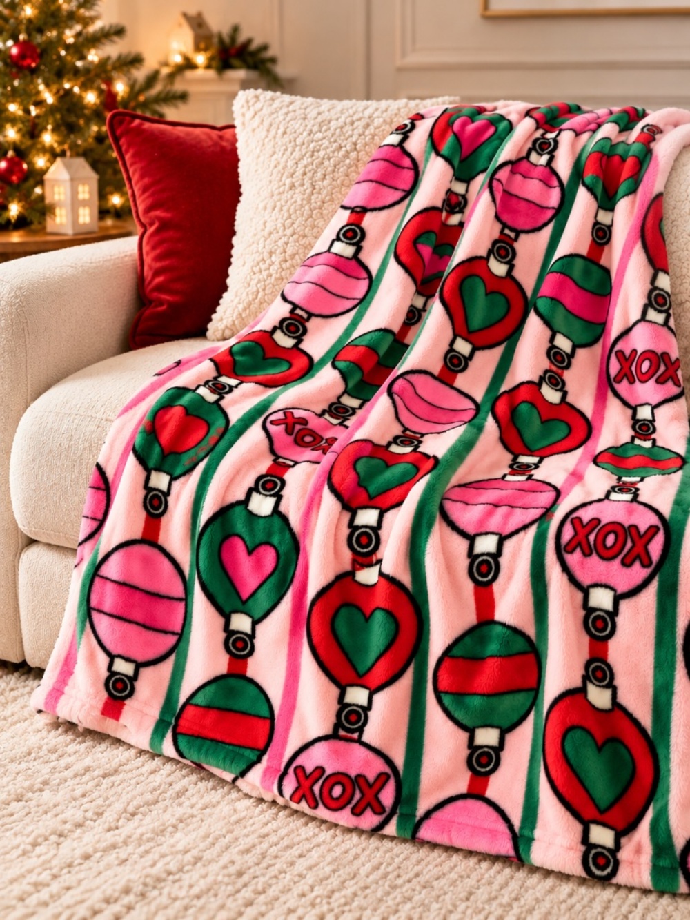 Betsey Johnson Christmas Plush Throw Blanket 50x70 Pink Ornaments XOX NWT